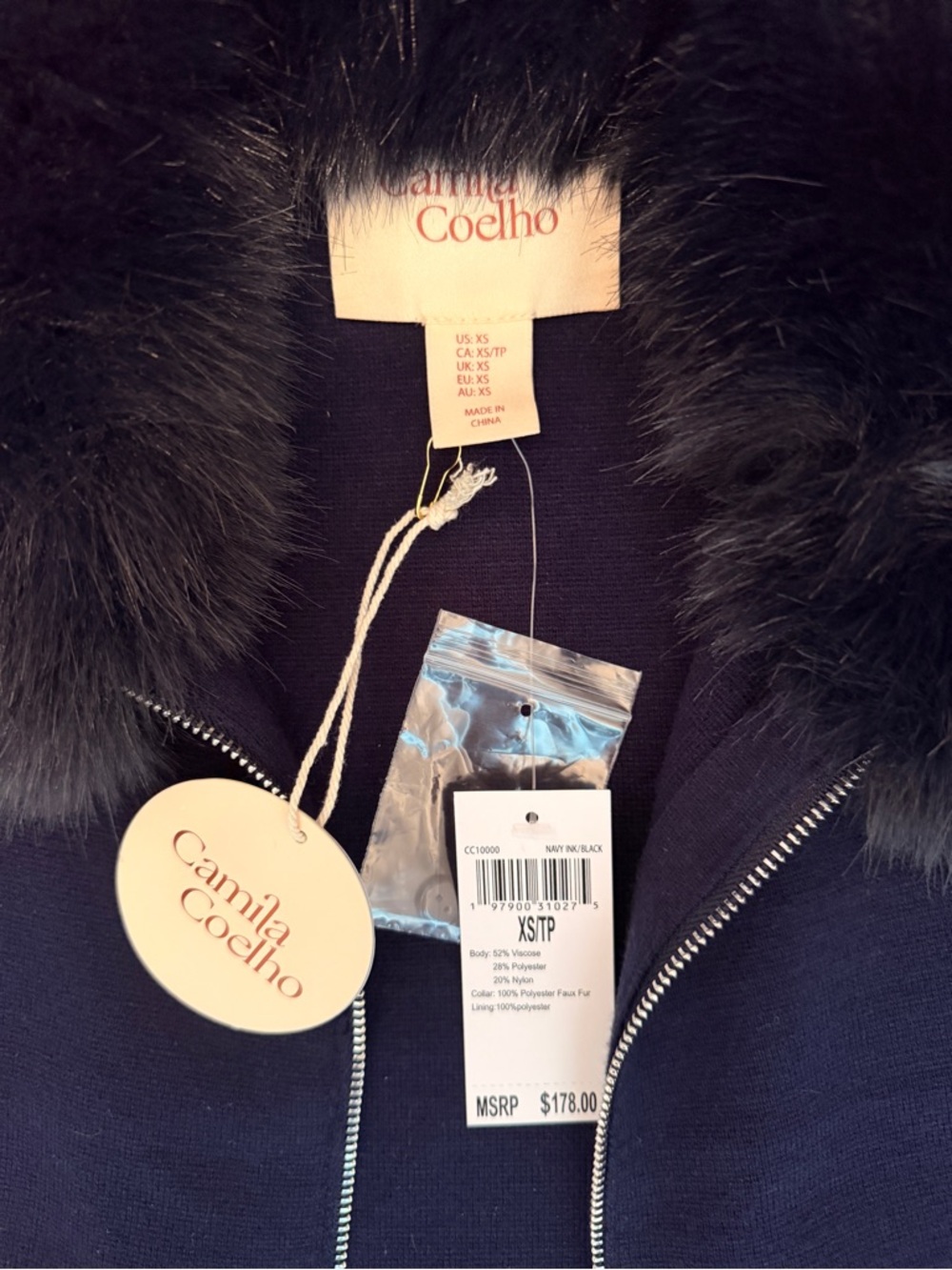 NWT Camila Coelho Navy Fur-Collar Zip Front Sleeveless Sweater - Picture 5 of 7